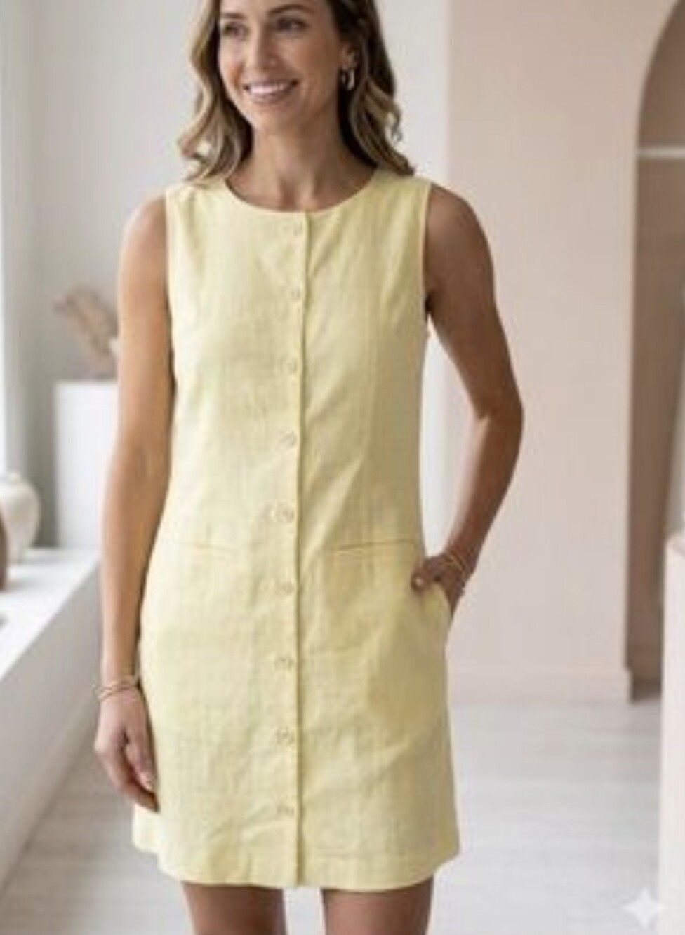 Sleeveless Button-Front Yellow Linen Blend Shift Dress Sz.L NWT Paper Heart